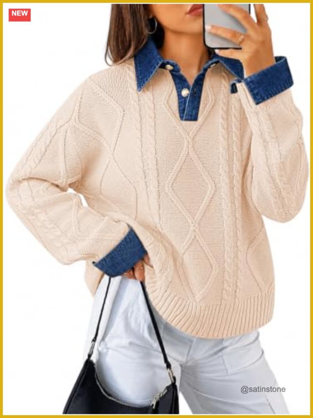 Womens Cable Knit Sweater Denim Polo Pullover Oversized Button Down